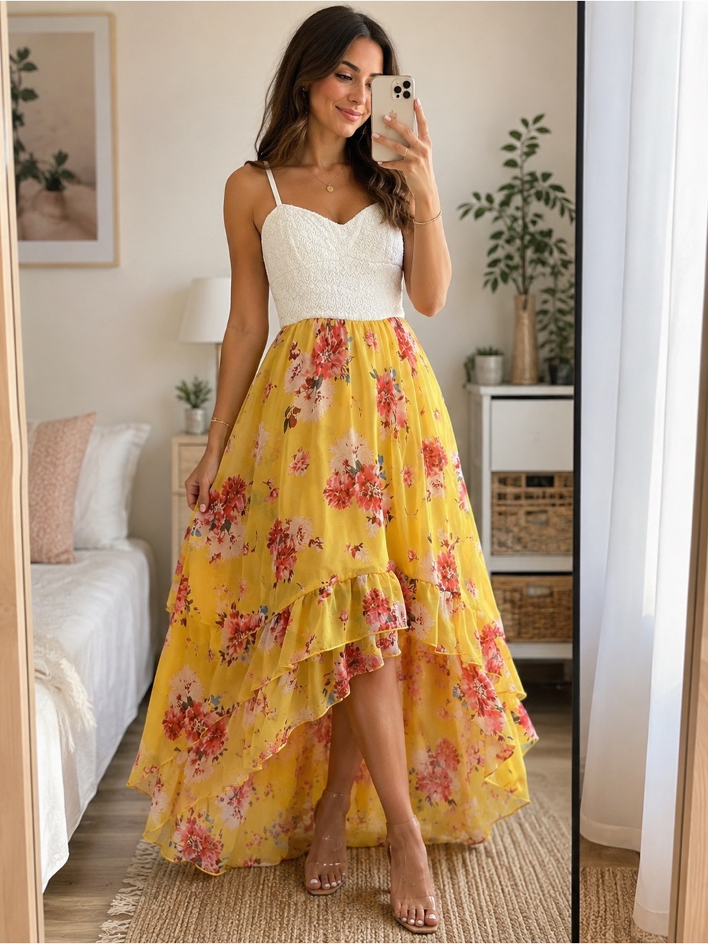 Chic Padded White Lace bodice high low spring bright yellow dress
